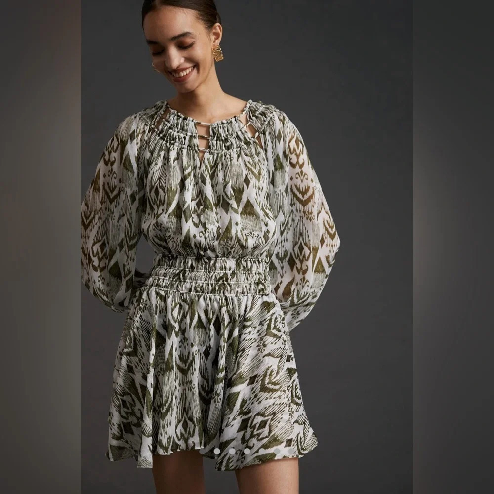 NWT MISA Crewneck Ikat Printed Mini Dress Size XS Moss Olive